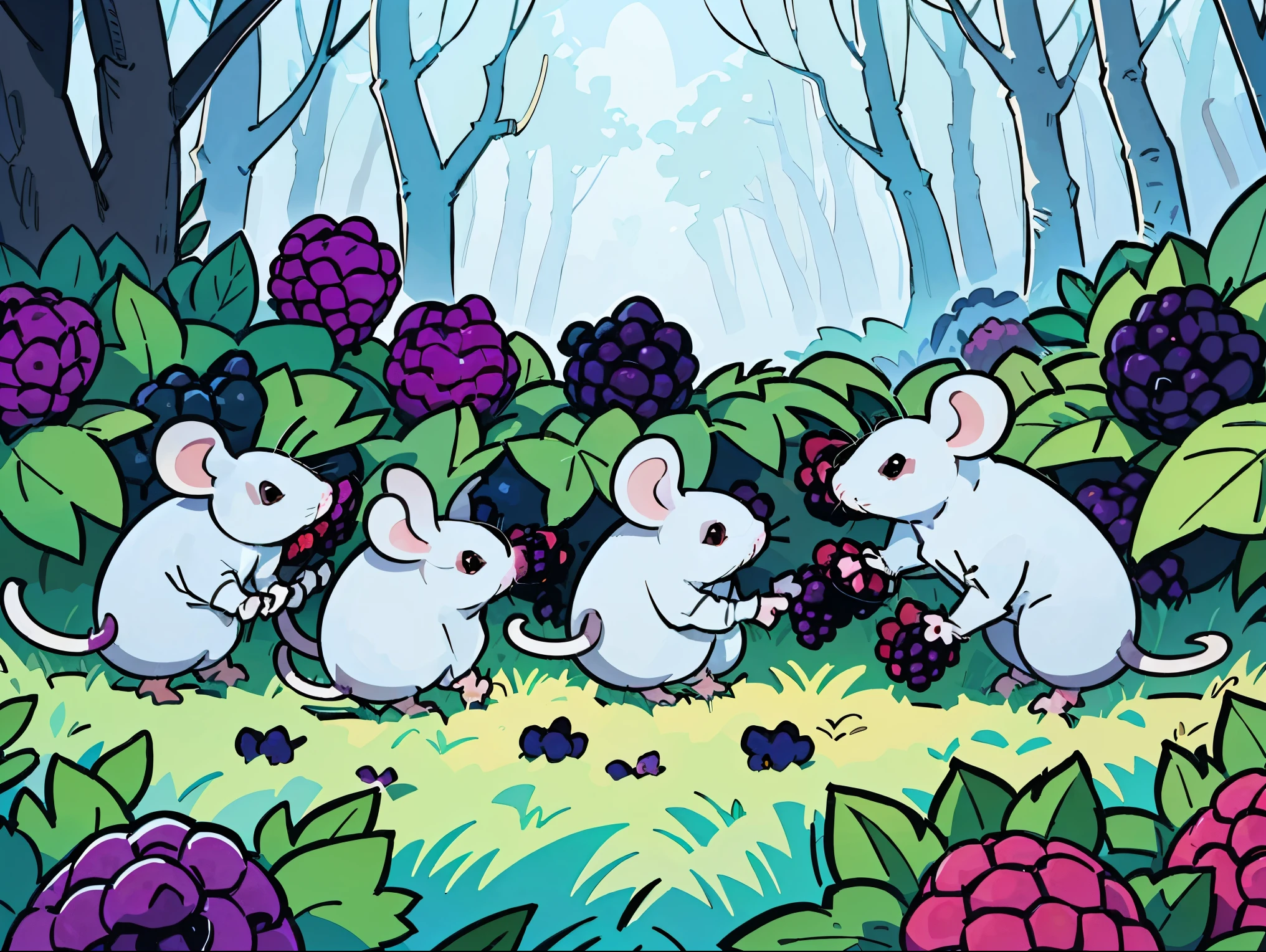 (best-quality:0.8), perfect anime illustration, ((white mice harvest blackberries:1.4)) from a (bramble bush:1.1) and enchanted light ((forest:1.2)), children's illustration, ultrafine detailed