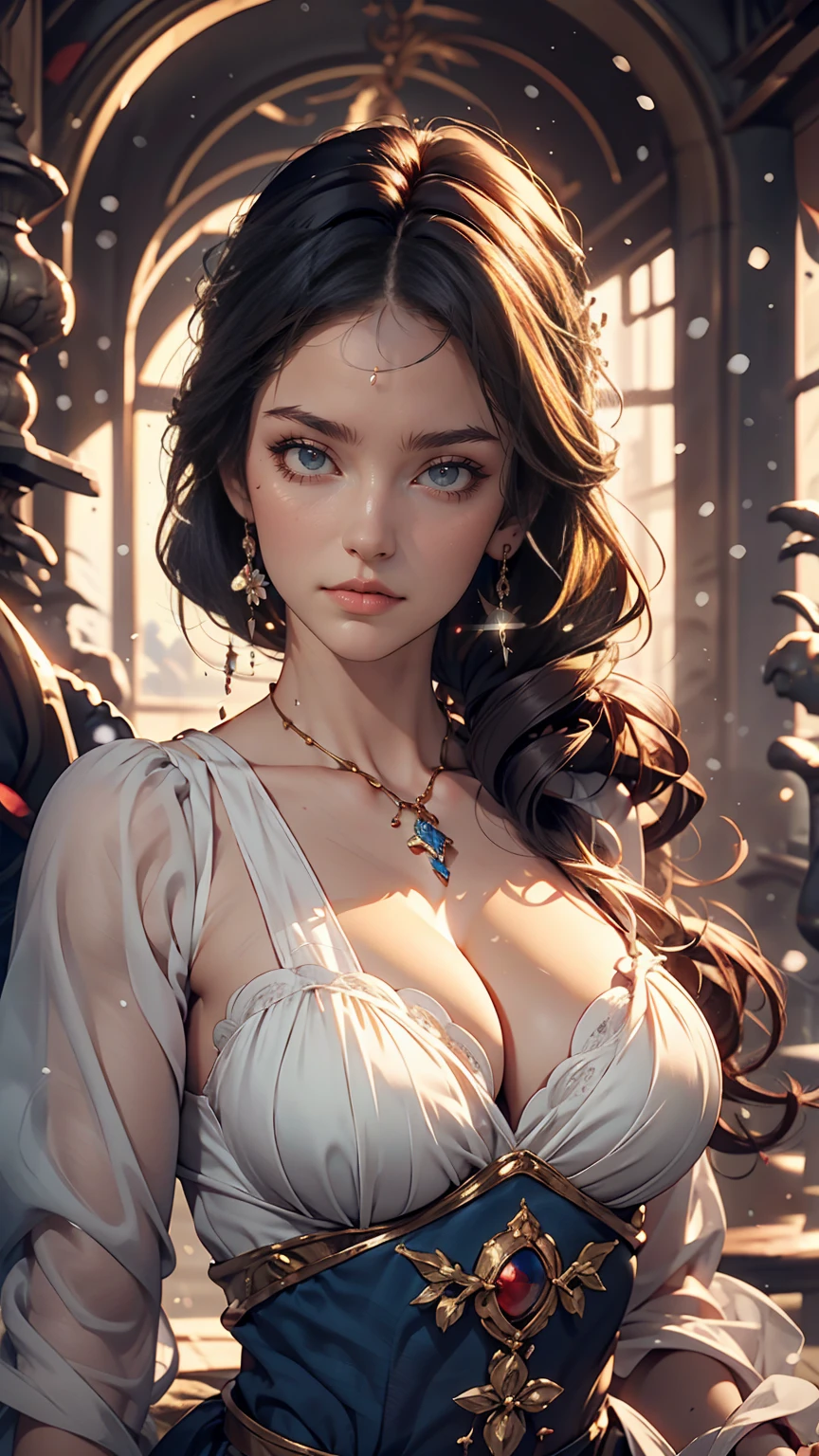 24 year old Caucasian female、Blue delicate eyes,Sexy proportions、Provocative facial expression、Cleavage Emphasis、Disney、snow white、Seven Dwarfs Background