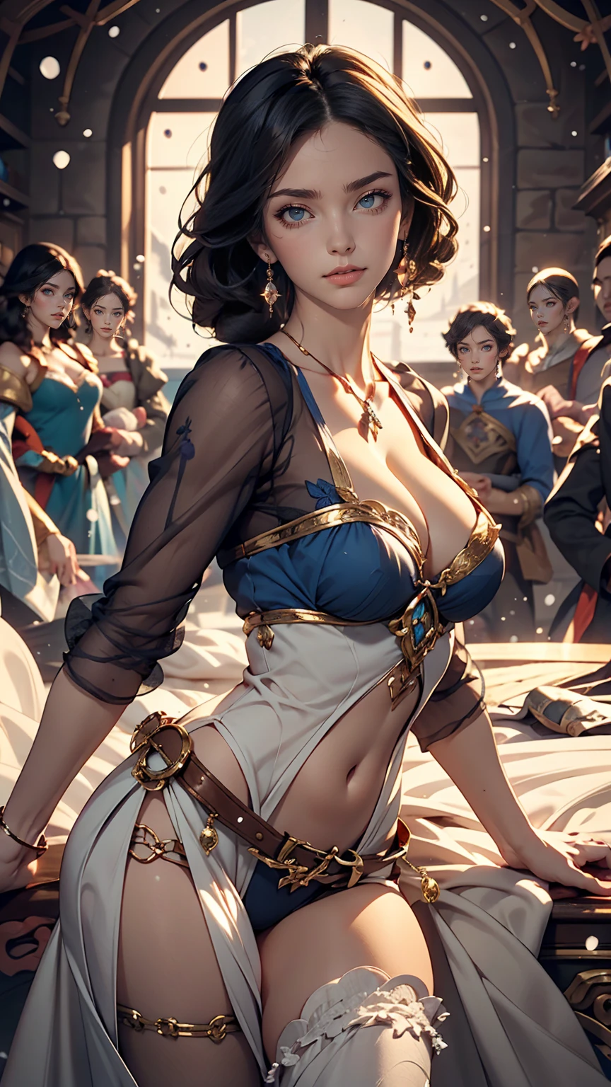 24 year old Caucasian female、Blue delicate eyes,Sexy proportions、Provocative facial expression、Cleavage Emphasis、Disney、snow white、Seven Dwarfs Background