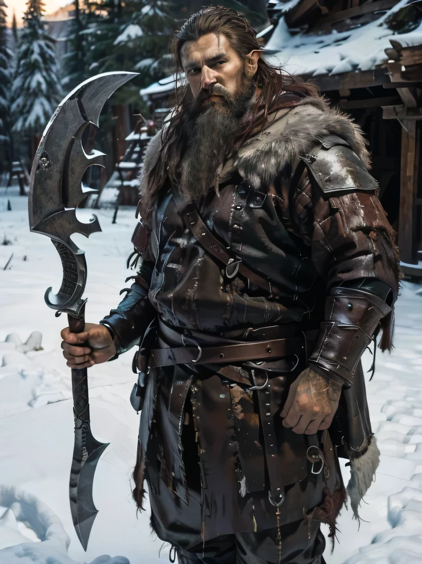 ((masterpiece、highest quality、Very detailed、High resolution、Sharp focus))、The most beautiful dungeons&Dragons artwork、Fantasy Male Dwarf、Short and chubby、Standing barefoot、Bearded、Pointed Ears、Red round nose、Winter coat with leather belt、Leather pouch、((Holding a double-edged battle axe))、Bust Shot、background：Midday、sunny、Winter forest、Snow covered ground、wood、Detailed depiction of the hand、Combat Stance、oil painting、holding axe