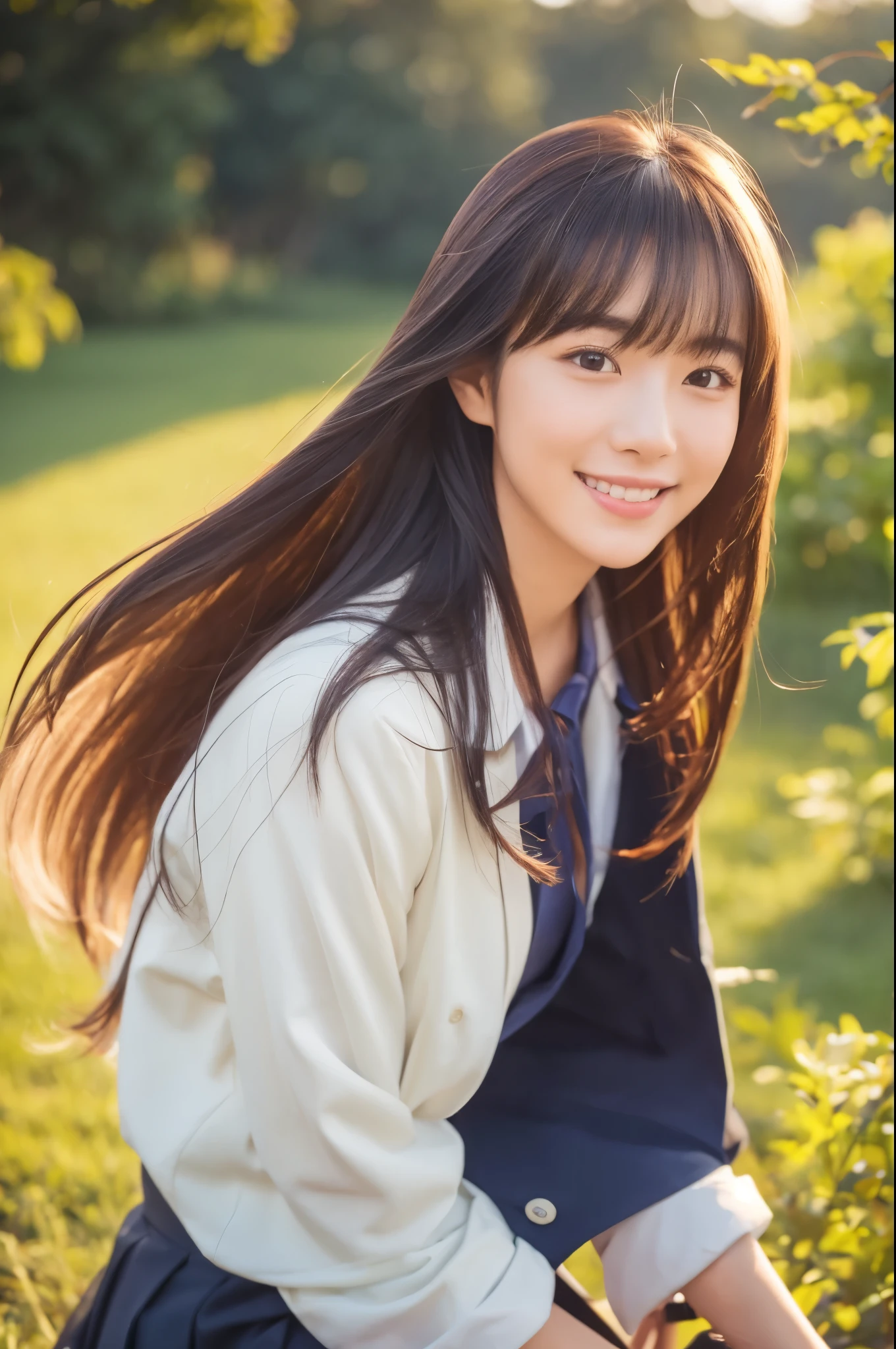 8k、highest quality、masterpiece、超A high resolution、picture、The elegance of beautiful Japanese women、Single-lens reflex camera、There are good ones、A transparent atmosphere、sexy lip、slanted bangs、beautiful face、medium long hair、make bangs、smile、natural soft light、A 22 year old girl wearing a suit、Wore skirts、country road、riding a bicycle