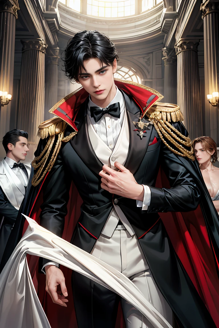 masterpiece, 最high quality, high quality, 1 boy, alone, Male focus, Watching the audience, Messy black hair, Adorable big blue eyes, White, Noble, Noble,Sexy voluminous cape、Tuxedo、A very voluminous, large, very large, very large, long, long red and black cape with a high stand-up collar, reaching down to the floor, made of a lot of fabric., 17 years old,Cute beautiful boys,Cute, cute, kind, handsome guy