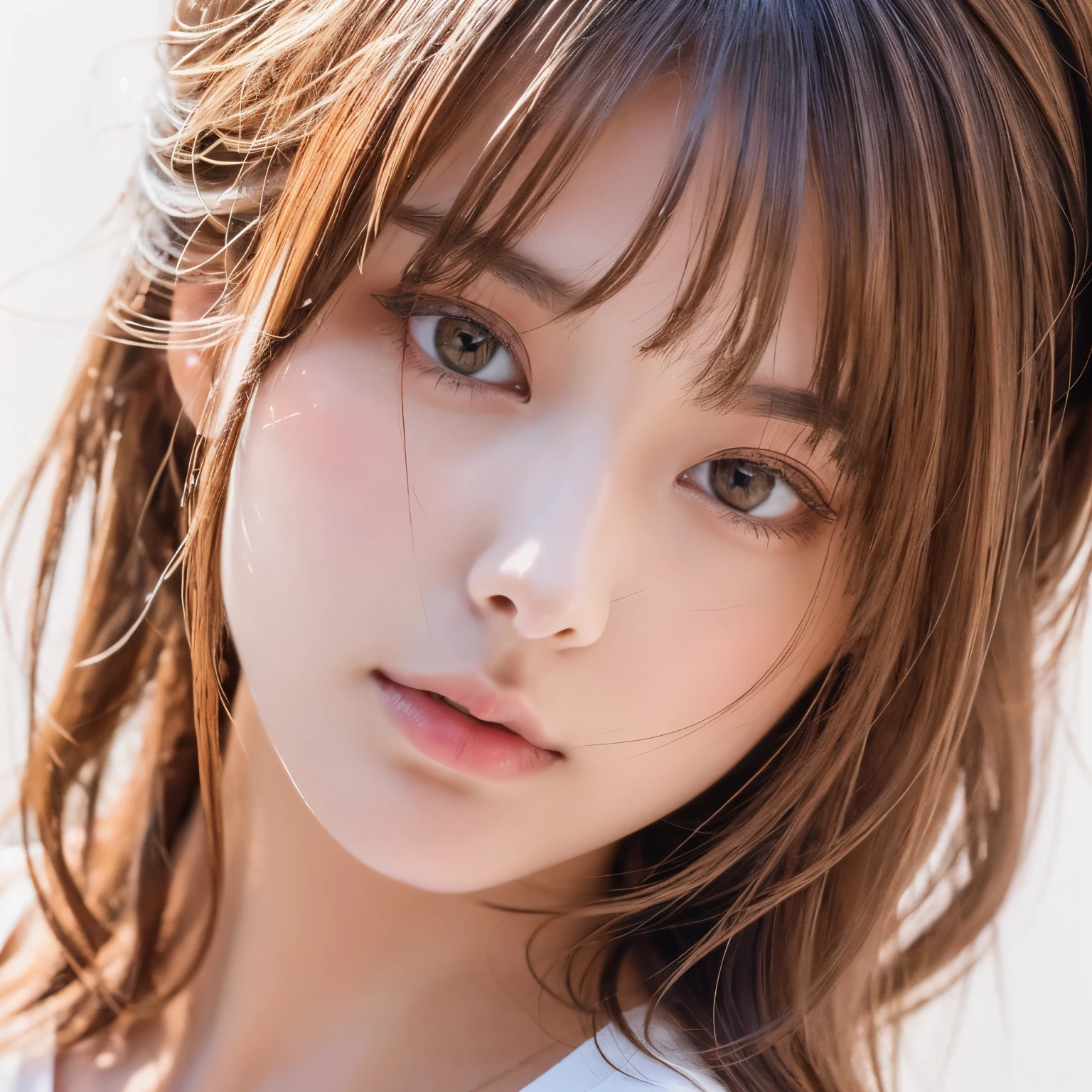 (masutepiece),(Best Quality:1.1),(Ultra-detailed),Best Illustration,finely detail,(Portrait:1.1),(intense close-ups),watercolor paiting)floating,1girl in,Solo,23 years old,slim,(extremely delicate and beautiful face),(Detailed beautiful eyes),pink thick lips,(disheveled hair),(Wearing a white baggy T-shirt),Soft and lazy,(Simple background:1.2)Whole color background,Clear,4K