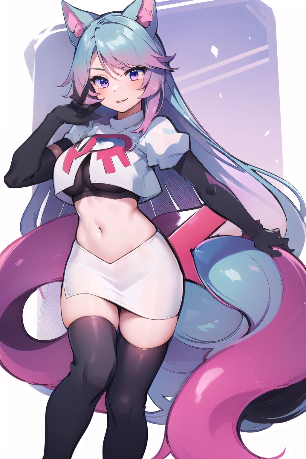 pixel-Silvervale 1girl, team rocket,team rocket uniform,white skirt,red letter R,crop top,black thigh-highs,black elbow gloves, masterpiece, best quality