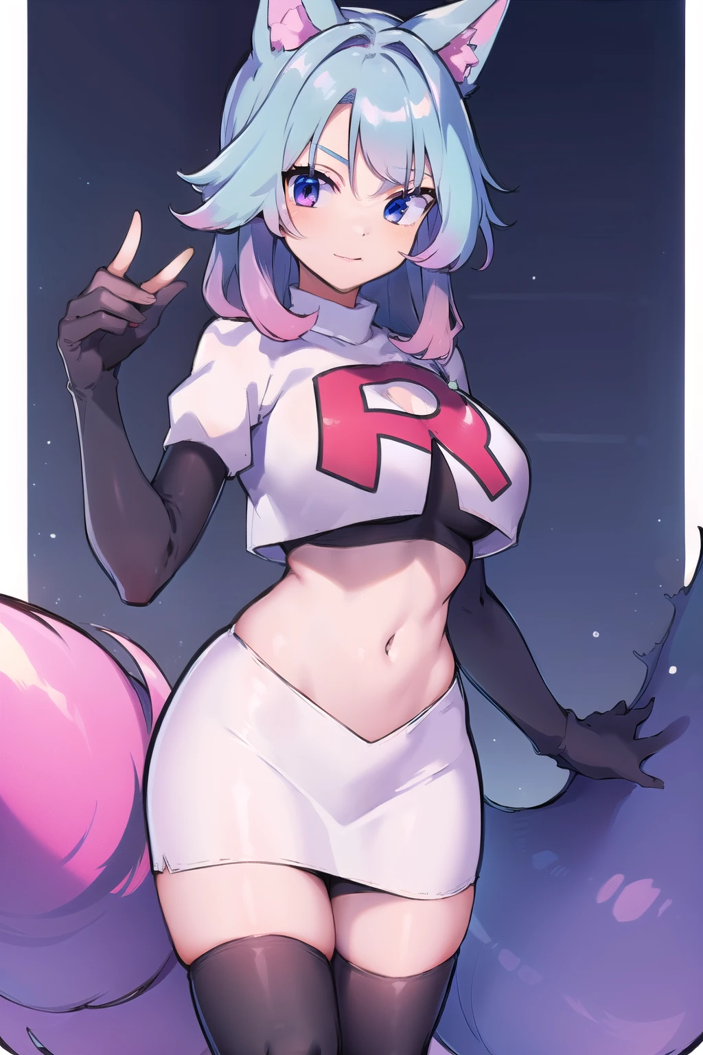 pixel-Silvervale 1girl, team rocket,team rocket uniform,white skirt,red letter R,crop top,black thigh-highs,black elbow gloves, masterpiece, best quality