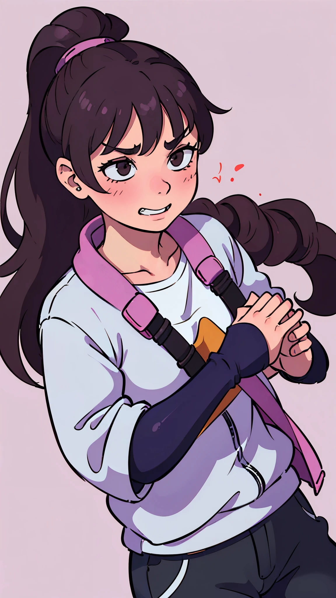 Many people around her are angry,a woman with a brown ponytail hair,ninja,wearing a maxi length jersey jacket and jersey pants,sneaker,holding a katana and a long sword, ((blush,flustered,embarrassed,disconcerted,grin,touching nose,she’s trying to hide failures,she’s laughing and cheating)).