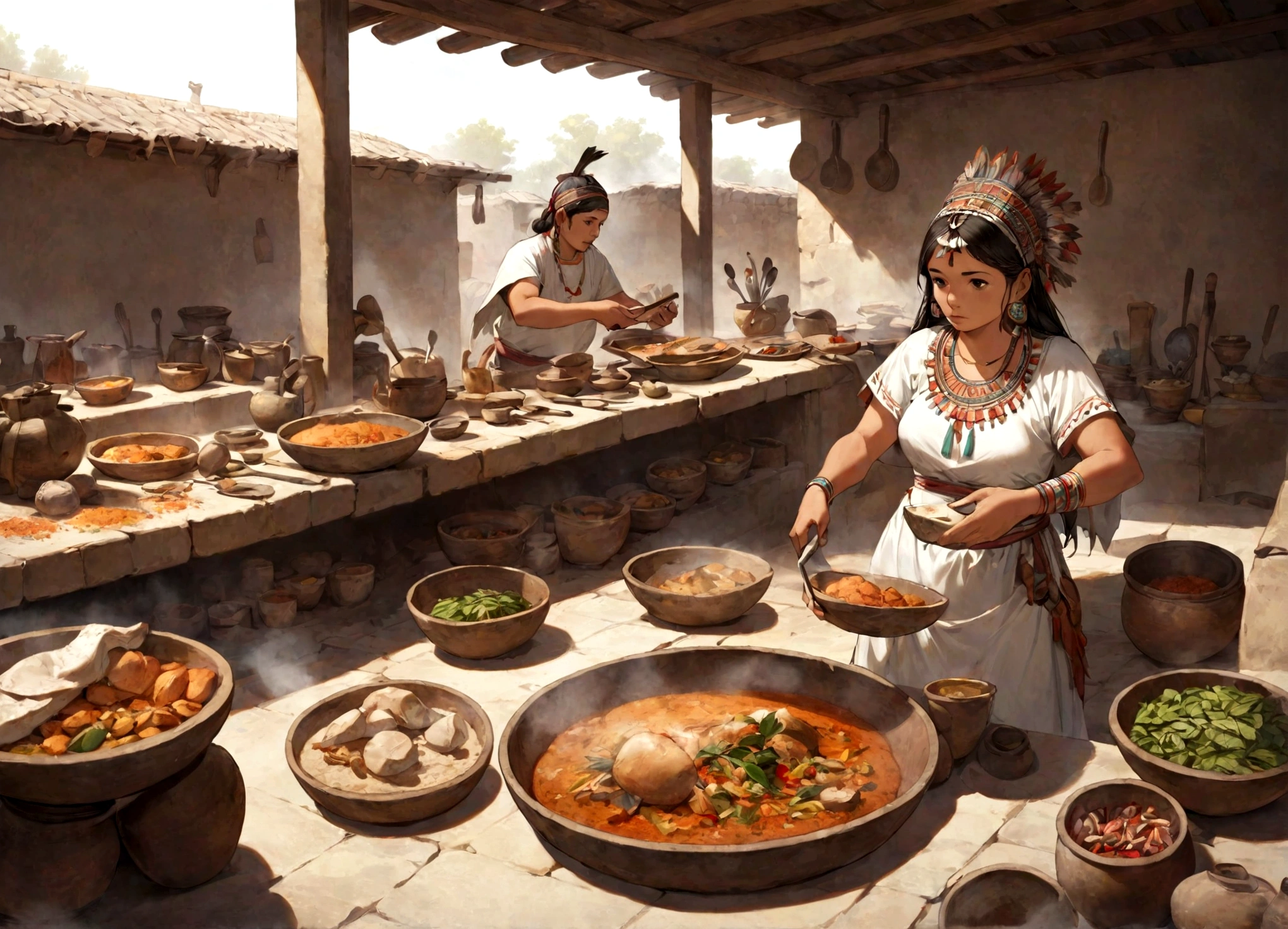 PREPARATION OF PREHISPANIC FOOD IN 1455, BY THE AZTEC PEOPLE WITH THEIR INGREDIENTS AND KITCHEN UTENSILS