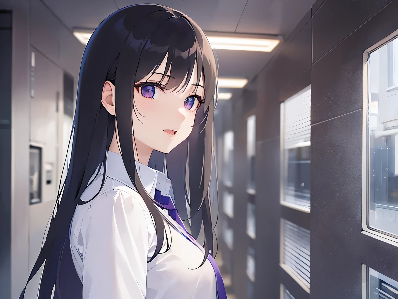 highest quality,masterpiece,Detailed CG, Ultra-fine illustrations,BREAK(white collared long shirt:1.5)BREAK, Realistic,real person, (pale skin: 1.2), RAW photo, photorealistic, shiny skin, shiny hair,(A 26-year-old woman with straight hair and bangs) and (medium hair) and (black hair) and (purple eyes),(light smile:1.2),open mouth,The background is a company corridor,Alone,side angle,looking away,standing@yuko