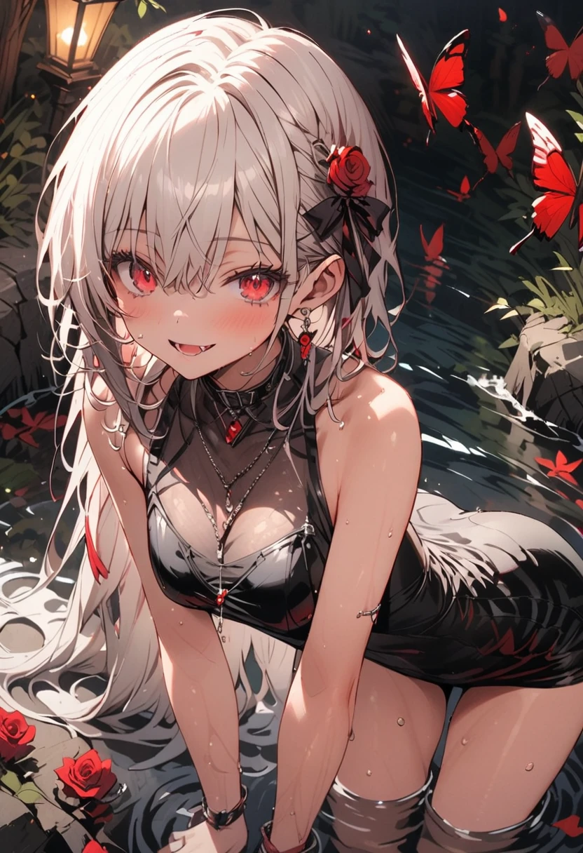 super high quality、Super detailed、Long Hair、White Hair, redい目 ，eyeliner, Immerse in water, Black transparent clothes, red, open air, Rose, night, Remains, butterfly，bend over，soaked through