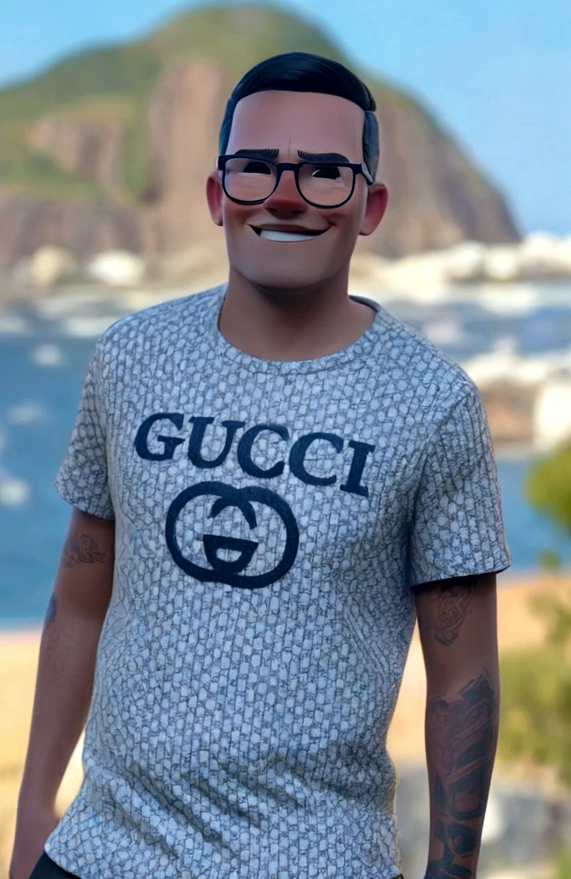 create a smiling man with glasses, with a landscape in the background as if he were a Disney and Pixar character