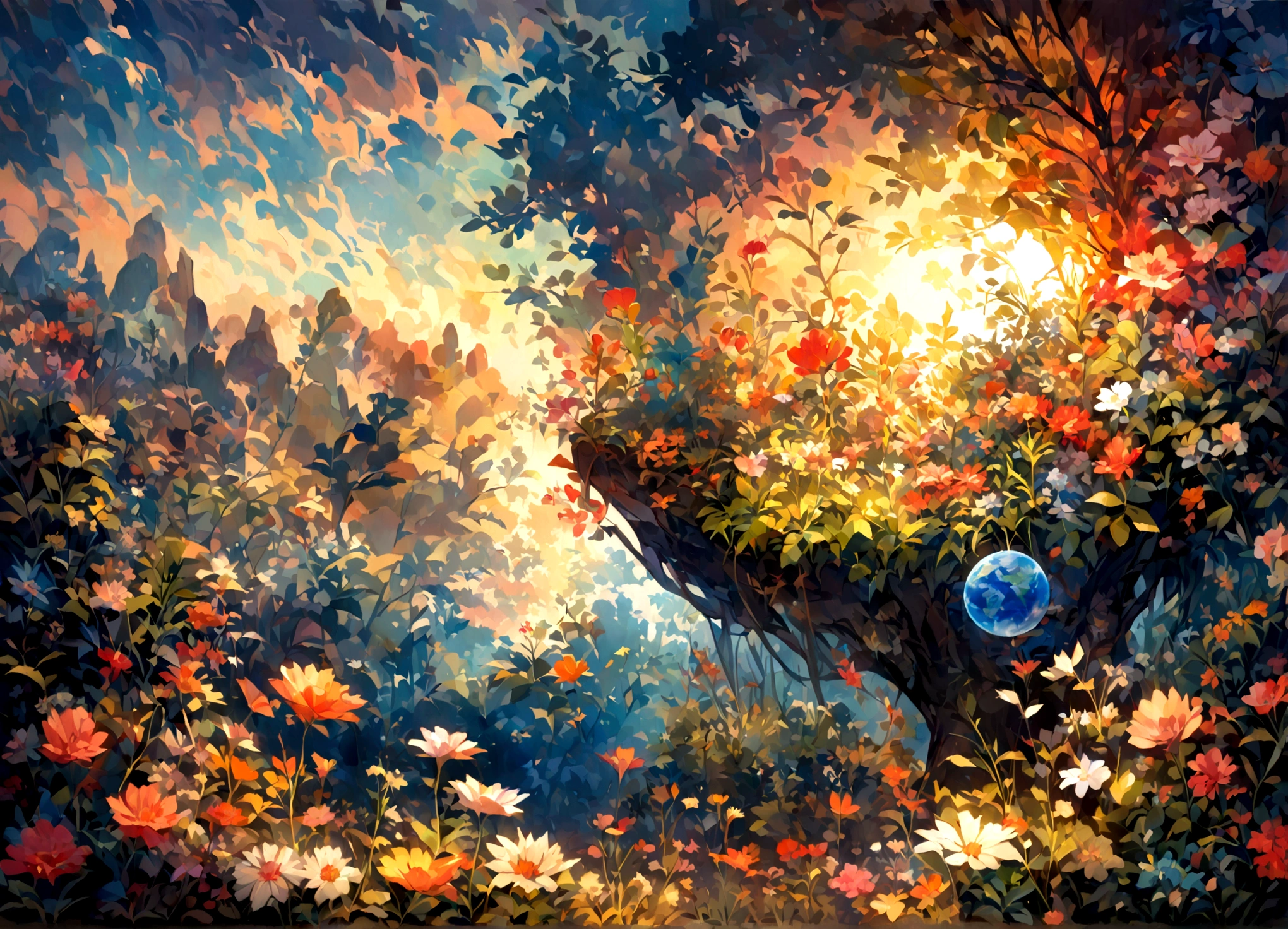 epic scene at the beginning of the creation of the world, When vegetation emerges from the newly formed soil. uma linda arvore no centro do jardim,Painting or visual representation of how plants, Trees and flowers sprout from the earth, Under the soft light of a newborn sun. Use vibrant colors and realistic details to capture the beauty of this unique moment in Earth's history.