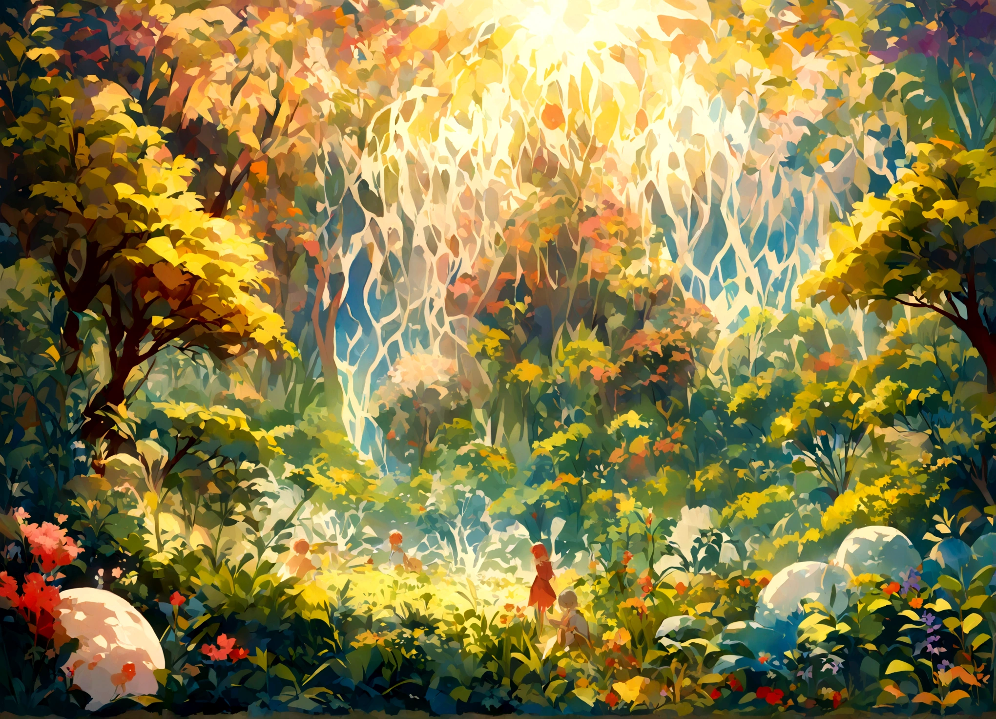  epic scene at the beginning of the creation of the world, When vegetation emerges from the newly formed soil.  uma linda arvore no centro do jardim,Painting or visual representation of how plants, Trees and flowers sprout from the earth, Under the soft light of a newborn sun. Use vibrant colors and realistic details to capture the beauty of this unique moment in Earth&#39;s history.

