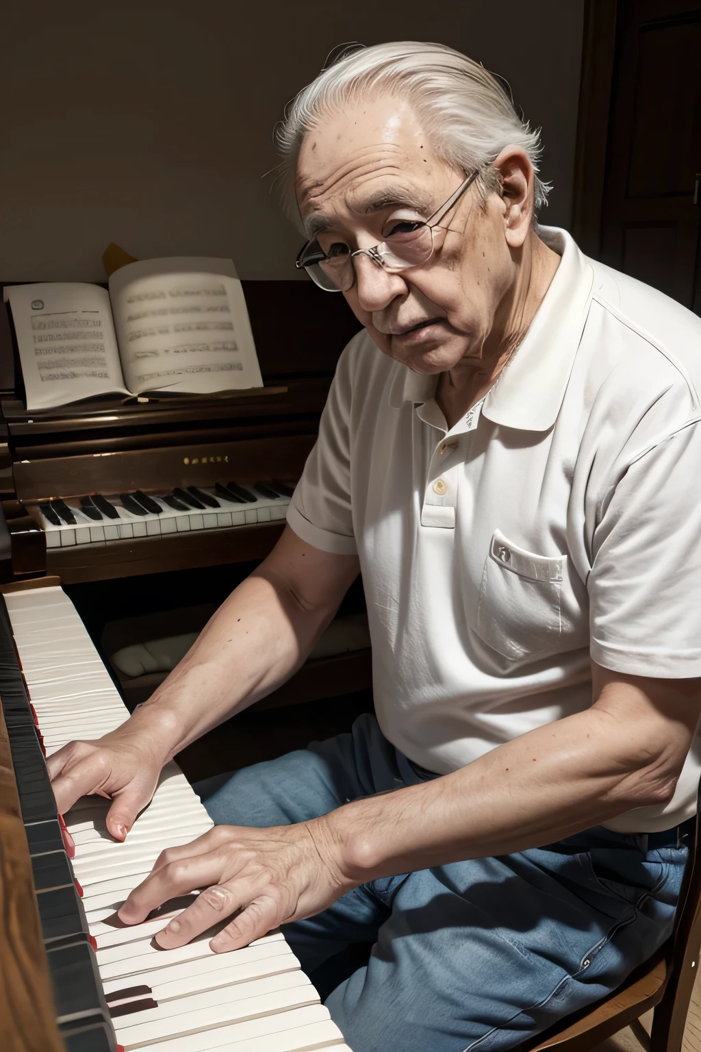 Dibujo animado de abuelo con un piano