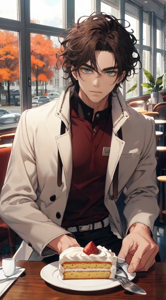 (Masterpiece, hiquality, absurdress), 1male, dark hair, Wavy Hair, The eyes are green, a perfect face, sports body, solo,  Male body, male focus, Detailed eyes and face,  Cozy café, lots of flowers, a table, Drinking coffee, Eat Cake, sitting at a table in a café, Take a selfie, overcoat, shirt, pants, Shoes, Romantic setting, Autumn outside the window