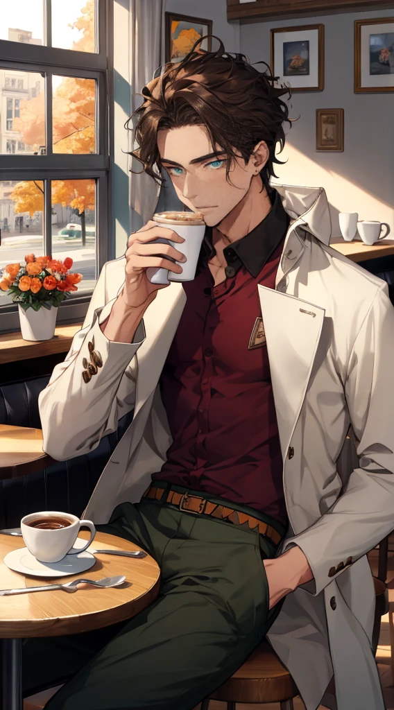 (Masterpiece, hiquality, absurdress), 1male, dark hair, Wavy Hair, The eyes are green, a perfect face, sports body, solo,  Male body, male focus, Detailed eyes and face,  Cozy café, lots of flowers, a table, Drinking coffee, Eat Cake, sitting at a table in a café, Take a selfie, overcoat, shirt, pants, Shoes, Romantic setting, Autumn outside the window