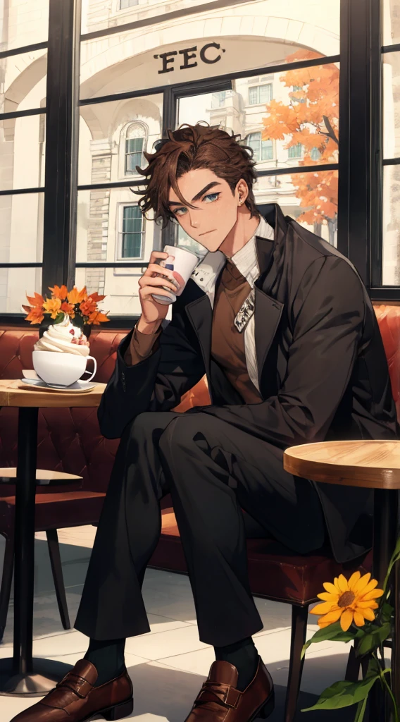 (Masterpiece, hiquality, absurdress), 1male, dark hair, Wavy Hair, The eyes are green, a perfect face, sports body, solo,  Male body, male focus, Detailed eyes and face,  Cozy café, lots of flowers, a table, Drinking coffee, Eat Cake, sitting at a table in a café, Take a selfie, overcoat, shirt, pants, Shoes, Romantic setting, Autumn outside the window