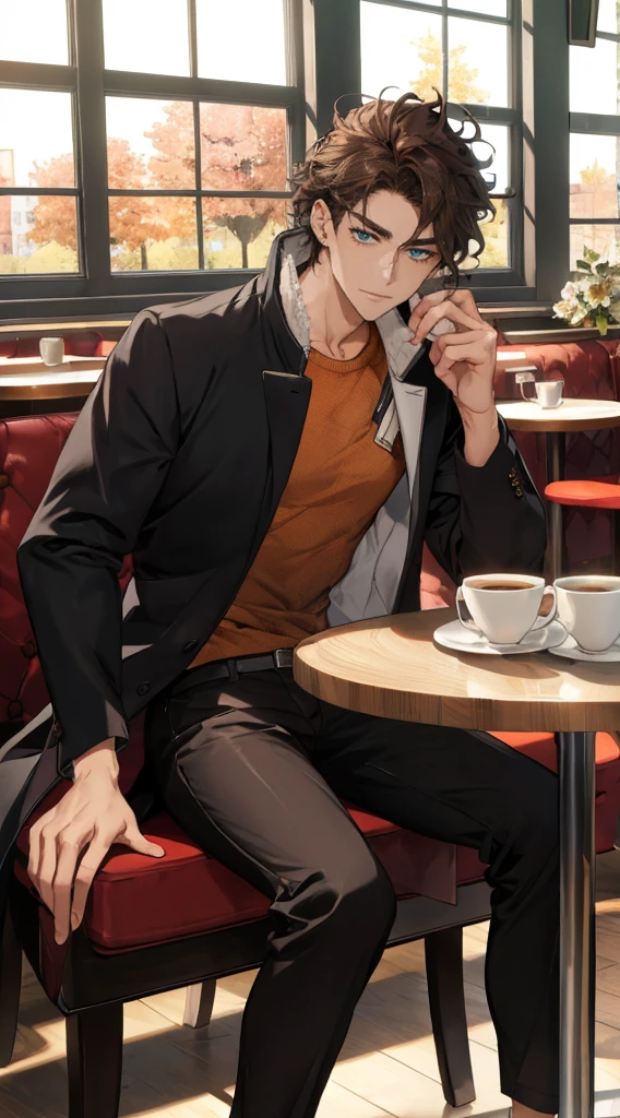 (Masterpiece, hiquality, absurdress), 1male, dark hair, Wavy Hair, The eyes are green, a perfect face, sports body, solo,  Male body, male focus, Detailed eyes and face,  Cozy café, lots of flowers, a table, Drinking coffee, Eat Cake, sitting at a table in a café, Take a selfie, overcoat, shirt, pants, Shoes, Romantic setting, Autumn outside the window