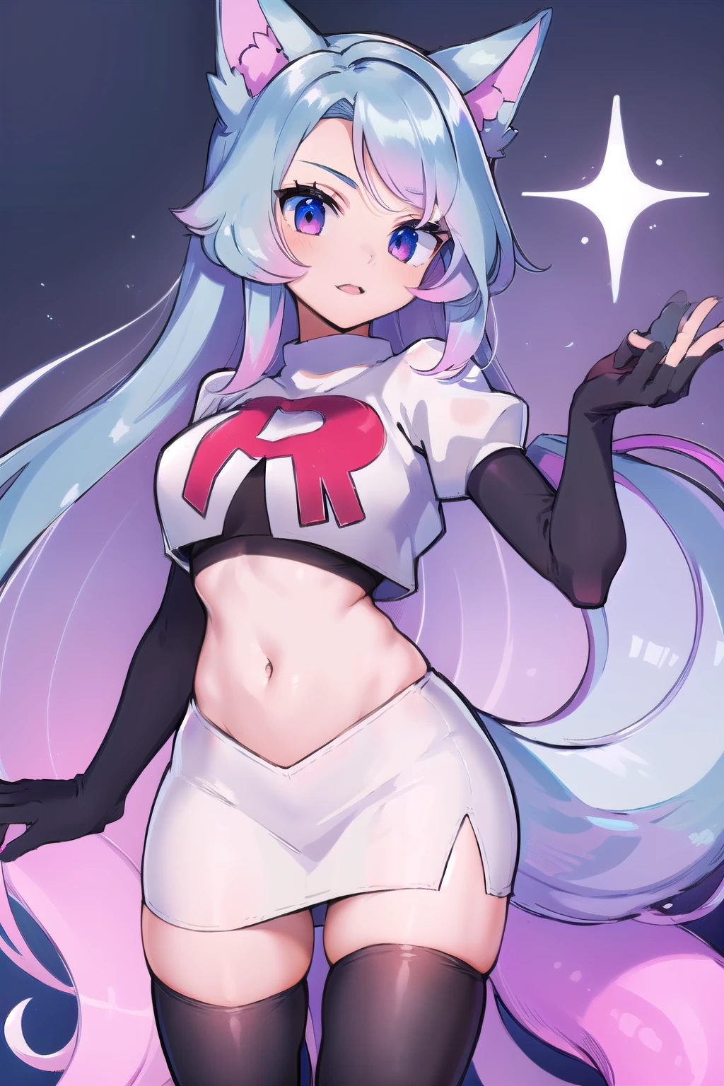 pixel-Silvervale 1girl, team rocket,team rocket uniform,white skirt,red letter R,crop top,black thigh-highs,black elbow gloves, masterpiece, best quality