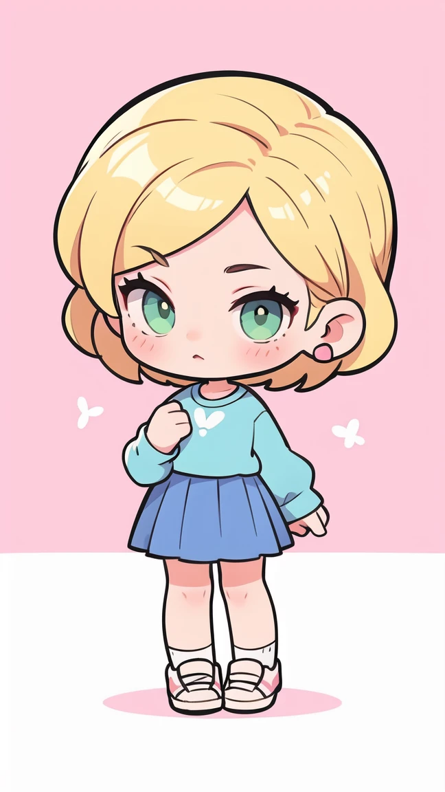 simple chibi style drawing of a cute girl, wearing a blue shirt and a pink skirt and white shoes, blonde hair and green eyes, perfect hands