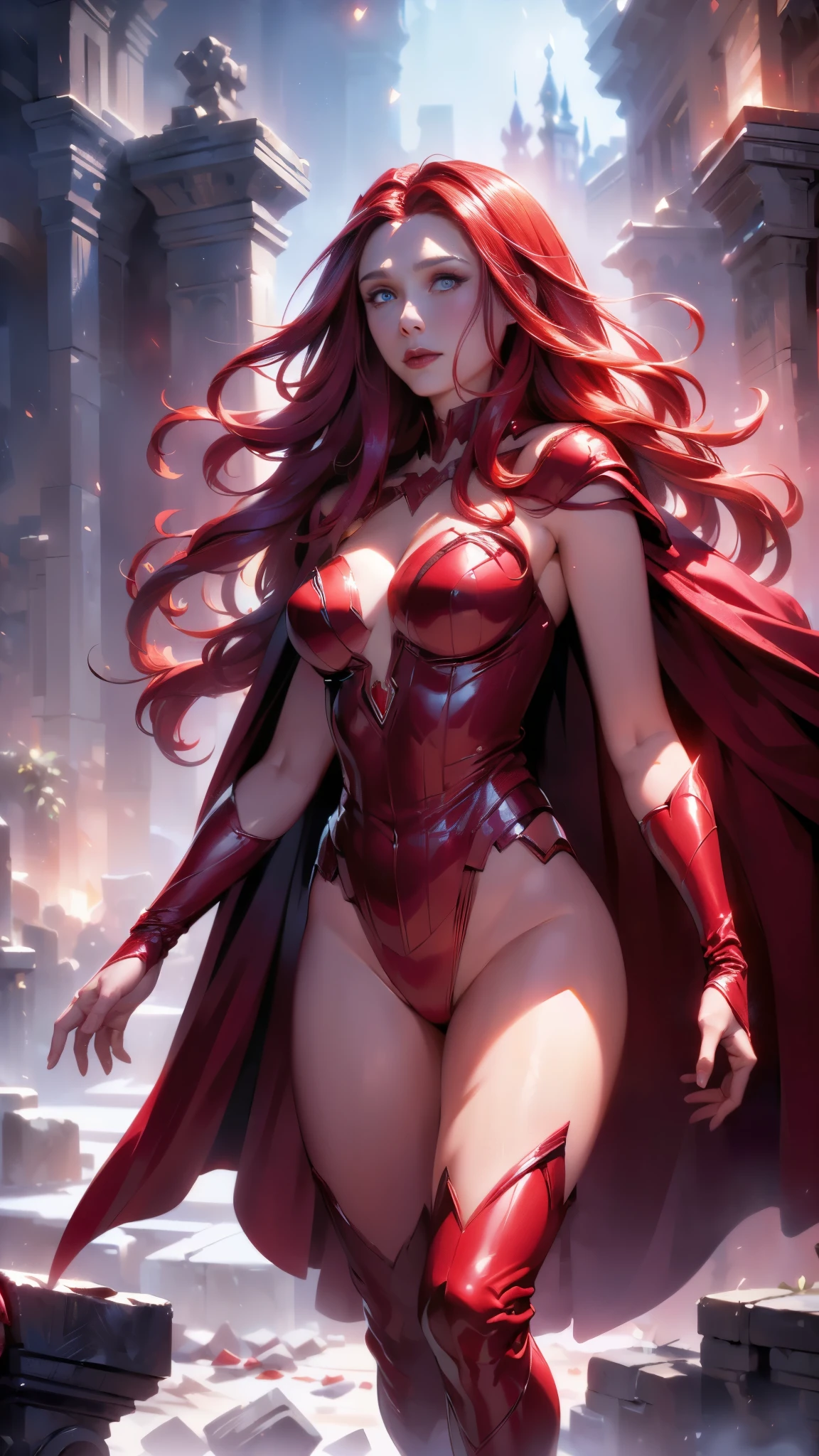 best quality,ultra-detailed,realistic,(sexy scarlet witch) ,beautiful detailed eyes, beautiful detailed lips,( long red hair:1.4) , (witch costume:1.4) , glowing magical powers, intense gaze, confident posture, dark and mysterious background, vibrant colors, enchanting art style, dramatic lighting, ,(Fondo de ruinas de mazmorra en ruinas cyberpunk :1.4 ),( Scarlet Witch:1.4), (perfect anatomy :1.4),( cinematic lighting :1.4), score_9, score_8_up, score_7_up, score_6_up, rating_explicit, 1girl, ((18YO:1.2)), Adult, full lips, big clear eyes, light blue eyes, (( hair:1)), (long wavy hair: 1.2),(Elizabeth Olsen:1.4), (Elizabeth Olsen V2.1), (face detailed :1.4), ,(Fondo de ruinas de mazmorra en ruinas piedras grandes :1.4 ), (estilo encaje lingerie red:1.4),( perfect anatomy V2.1), (dynamic cowboy pose), (looking at viewer:1.25)