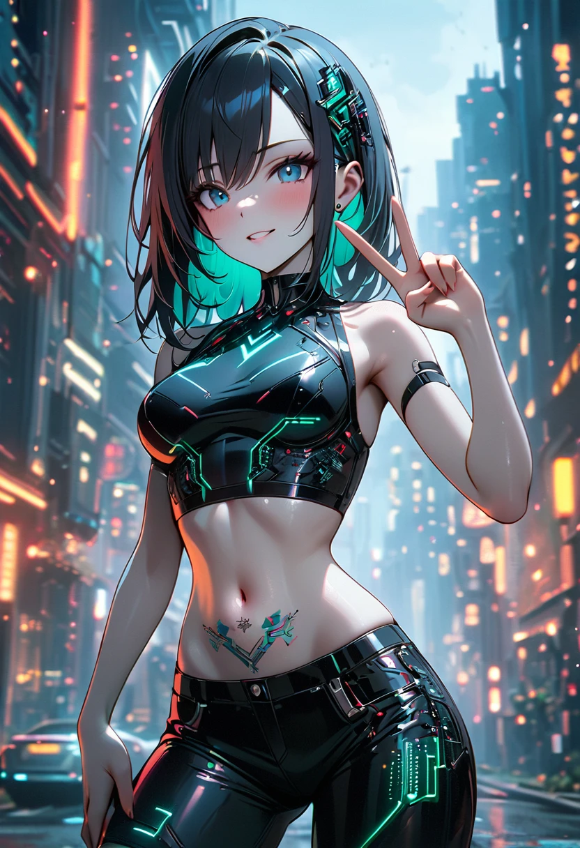 beautiful Cybernetics girl wearing a Futuristic Hair accessories, (Delicate skin), Pale skin, black crop top made of circuit boards, Navel tattoo, sexy Futuristic cyberpunk underpants, on branch, v, Japanese words with glitter effect, cyberpunk City background, Beautiful epic work, masterpiece, Sensual, is attractive, group photo