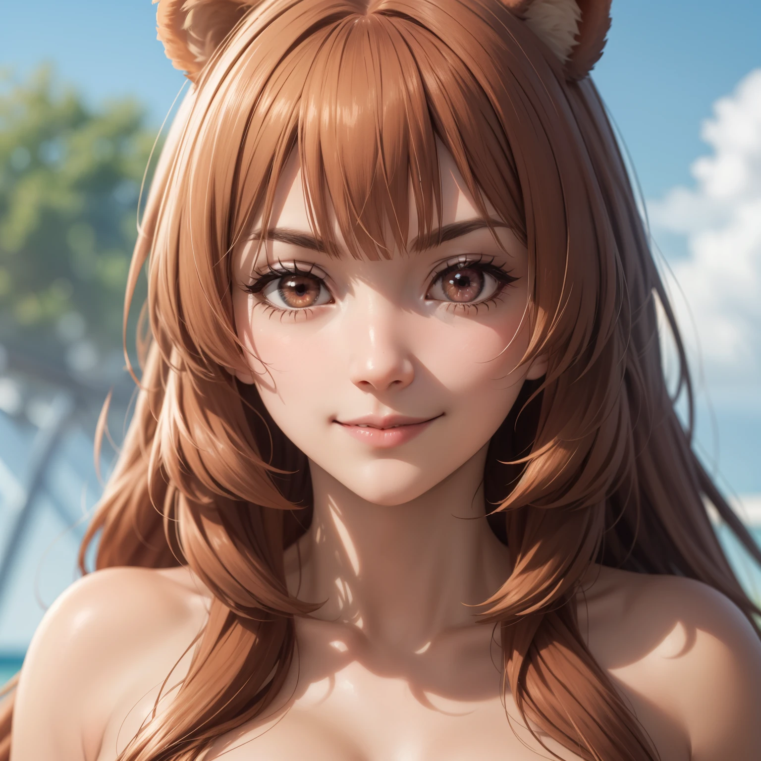 Raphtalia woman 35 years old straight orange hair , orejas de oso redondeadas, ruby red eyes., shy smile, pale skin, pechos grandesdesnudos, desnuda, pechos desnudos, desnuda, facing the camera in closeup. de pie cuerpo completo. manos en las caderas. fondo un balneario lujoso, manos perfectas . orejas de oso , cabello liso,