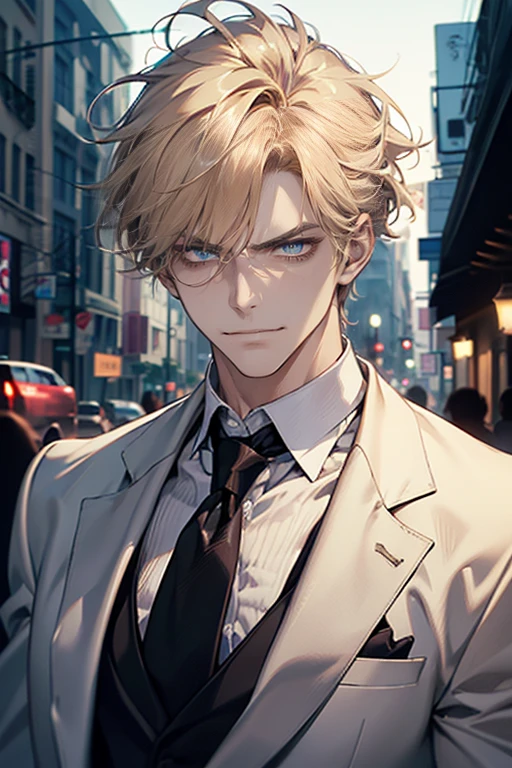 (tmasterpiece, high resolution, ultra - detailed:1.0), (1 boy, Young male, masculine face), Perfect male body, tall and strong, Adult male, Delicate eyes and delicate face, Extremely detailed CG, Unity 8k wallpaper, Complicated details, Detailed face, (blond hair, messy hair, serious faces, white shirts,Bad students), (frown,evil smile:1.3), Outdoor, (Street at night), street style, color difference, Depth of field, dramatic shadow, Ray tracing, Best quality, Cinematic lighting, offcial art,Portrait