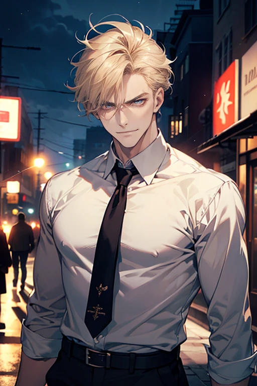 (tmasterpiece, high resolution, ultra - detailed:1.0), (1 boy, Young male, masculine face), Perfect male body, tall and strong, Adult male, Delicate eyes and delicate face, Extremely detailed CG, Unity 8k wallpaper, Complicated details, Detailed face, (blond hair, messy hair, serious faces, white shirts,Bad students), (frown,evil smile:1.3), Outdoor, (Street at night), street style, color difference, Depth of field, dramatic shadow, Ray tracing, Best quality, Cinematic lighting, offcial art,Portrait