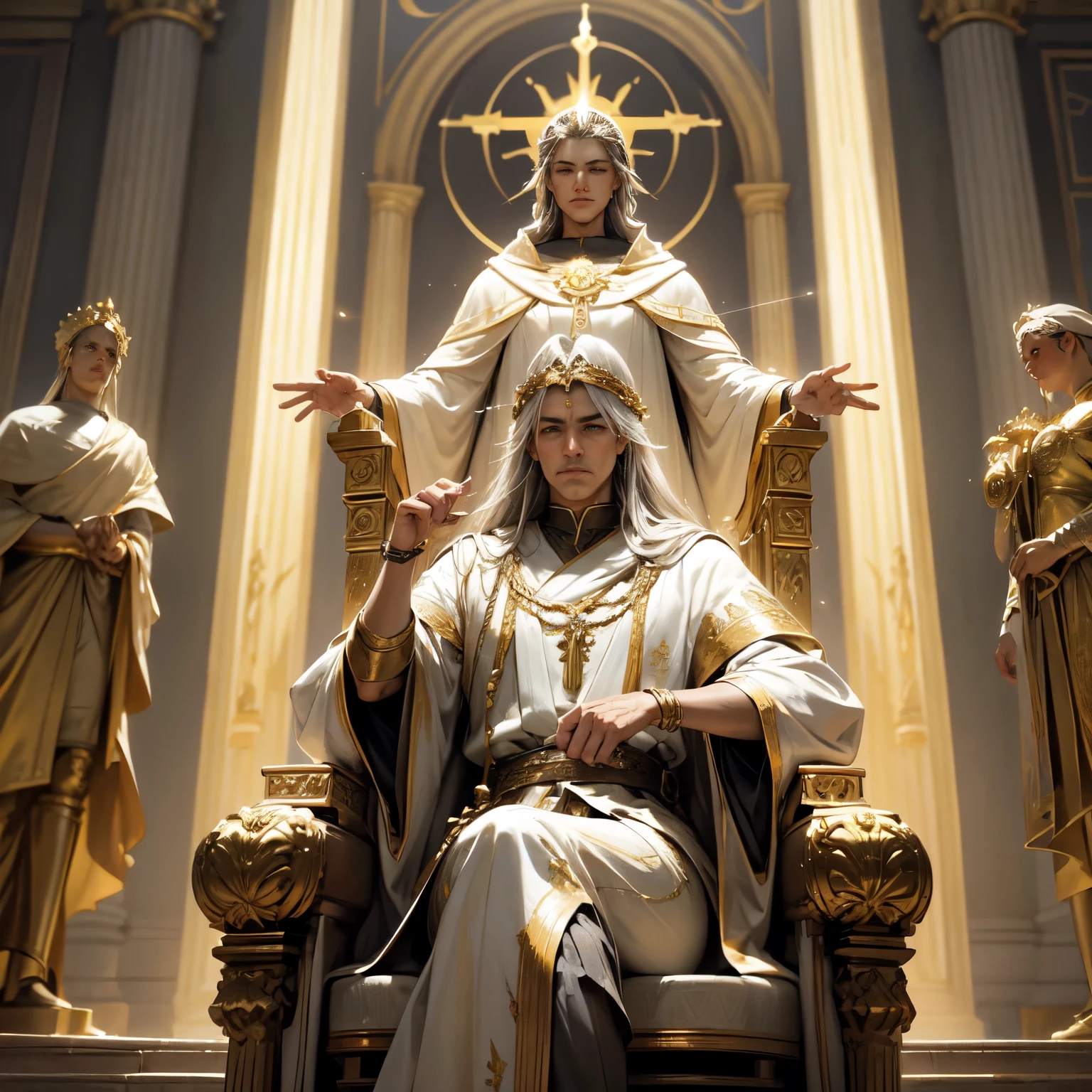 Crie uma imagem digital ultra HD de 8K de um nobre guerreiro Arcebispo sagrado de cabelos grisalhos, long and braided, vestido com trajes cerimoniais, In the throne hall. O Arcebispo tem olhos azul-claros e pele bronzeada. He is dressed in a royal robe of white velvet with gold and silver trim., adornado com joias sagradas que brilham suavemente. Ele usa uma mitra dourada com pedras preciosas, gold bracelets on the wrists and a sacred amulet around the neck. In the throne hall, o Arcebispo empunha a Espada de Zeus. The sword is made of celestial gold and emits golden rays, with divine inscriptions along the blade that shine brightly. The hilt of the sword is adorned with small rays and lightning., simbolizando seu poder supremo. He holds the sword in a leadership pose, pronto para defender seu povo, while electric sparks dance around you. The Sword of Zeus is known for its ability to control thunder and lightning, e uma aura de poder divino emana dela. The throne hall is majestic, com tronos elevados e ricos adornos nas paredes. Tapestries of historical scenes and colorful stained glass decorate the space. Lustres de cristal pendem do teto, illuminating the hall with a soft, golden light. The image should capture the grandeur and reverence of the throne hall, highlighting the Archbishop's interaction with the Sword of Zeus.