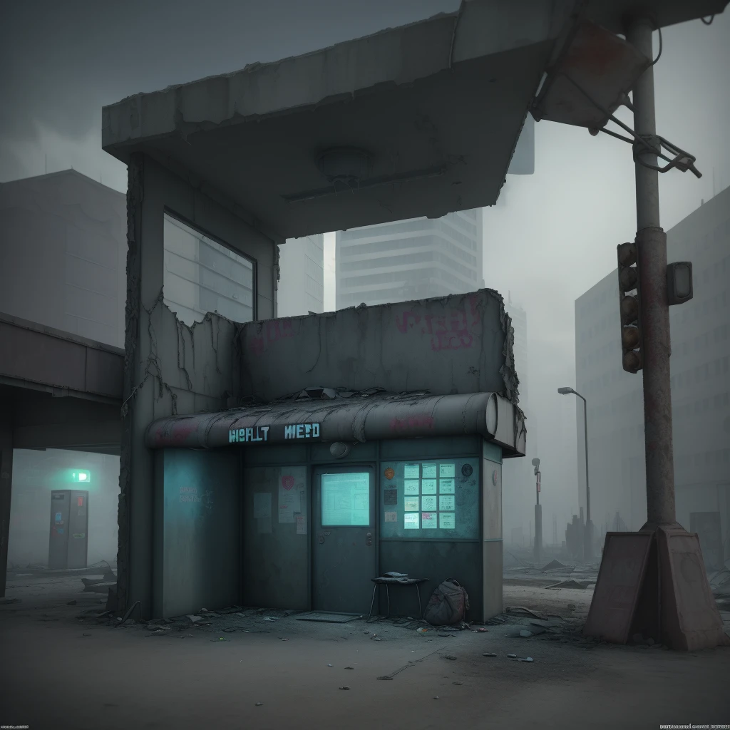 there is a small shelter with a chair in the middle of it, dark city bus stop, soviet bus stop, abandoned bus stop, cyberpunk bus stop, bus stop, with 3 d render, with 3d render, post apocalyptic police station, temporary emergency shelter, abandoned night hangar, post apocalyptic building, bus station, subway station, containment pod, silent hill concept art