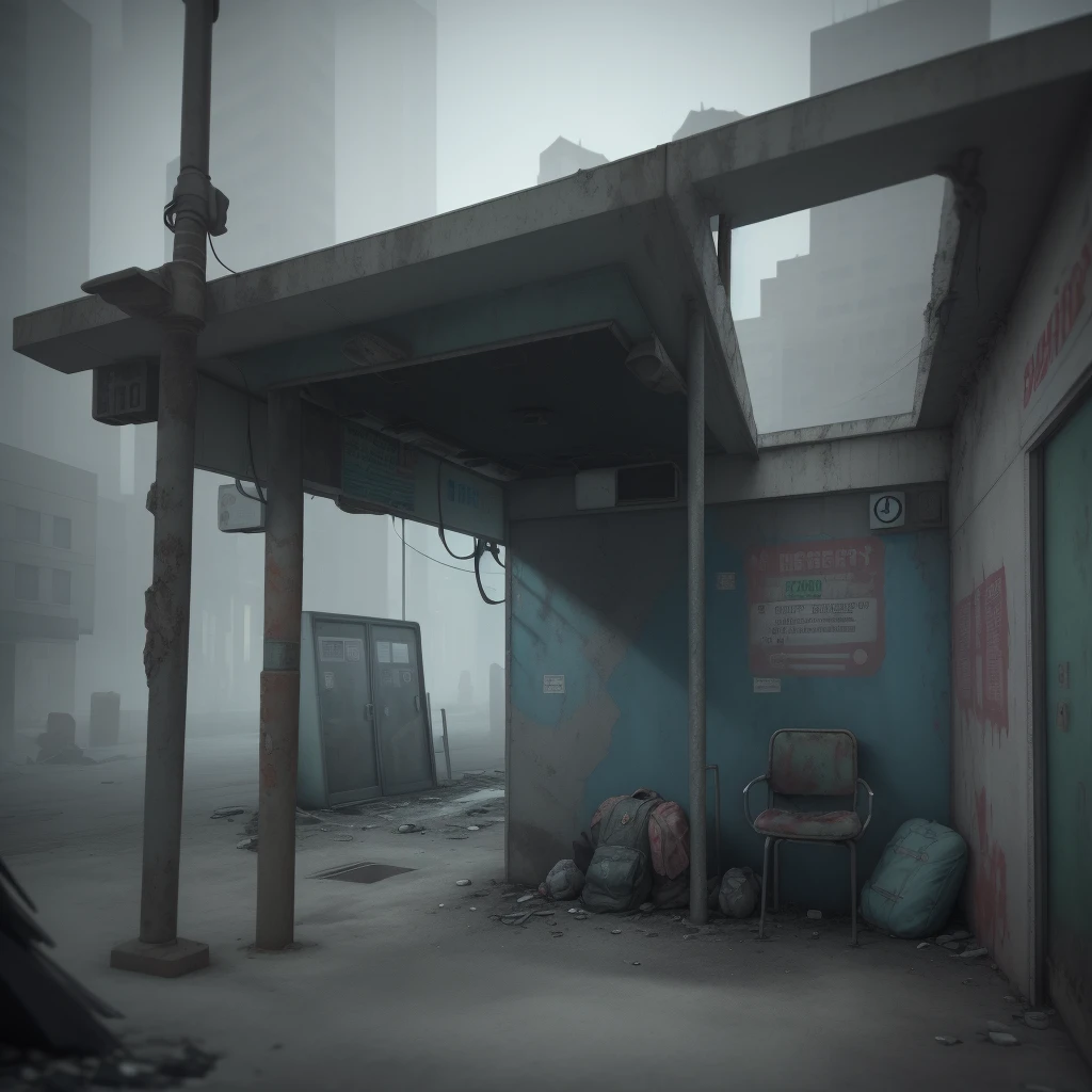 there is a small shelter with a chair in the middle of it, dark city bus stop, soviet bus stop, abandoned bus stop, cyberpunk bus stop, bus stop, with 3 d render, with 3d render, post apocalyptic police station, temporary emergency shelter, abandoned night hangar, post apocalyptic building, bus station, subway station, containment pod, silent hill concept art