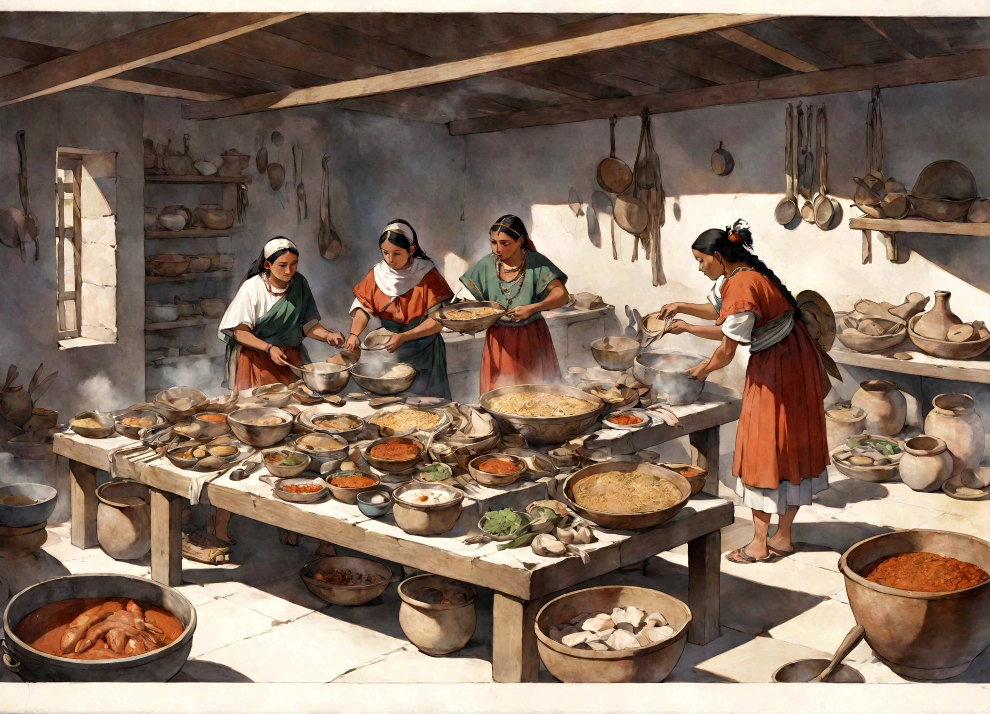 PREPARATION OF PREHISPANIC FOOD IN 1455, BY THE AZTEC PEOPLE WITH THEIR INGREDIENTS AND KITCHEN UTENSILS