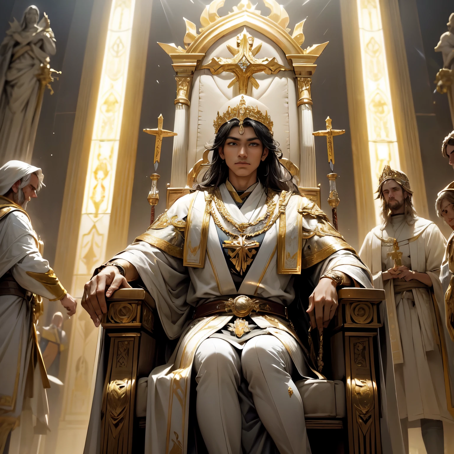 Crie uma imagem digital ultra HD de 8K de um nobre guerreiro Arcebispo sagrado de cabelos grisalhos, long and braided, vestido com trajes cerimoniais, In the throne hall. O Arcebispo tem olhos azul-claros e pele bronzeada. He is dressed in a royal robe of white velvet with gold and silver trim., adornado com joias sagradas que brilham suavemente. Ele usa uma mitra dourada com pedras preciosas, gold bracelets on the wrists and a sacred amulet around the neck. In the throne hall, o Arcebispo empunha a Espada de Zeus. The sword is made of celestial gold and emits golden rays, with divine inscriptions along the blade that shine brightly. The hilt of the sword is adorned with small rays and lightning., simbolizando seu poder supremo. He holds the sword in a leadership pose, pronto para defender seu povo, while electric sparks dance around you. The Sword of Zeus is known for its ability to control thunder and lightning, e uma aura de poder divino emana dela. The throne hall is majestic, com tronos elevados e ricos adornos nas paredes. Tapestries of historical scenes and colorful stained glass decorate the space. Lustres de cristal pendem do teto, illuminating the hall with a soft, golden light. The image should capture the grandeur and reverence of the throne hall, highlighting the Archbishop's interaction with the Sword of Zeus.