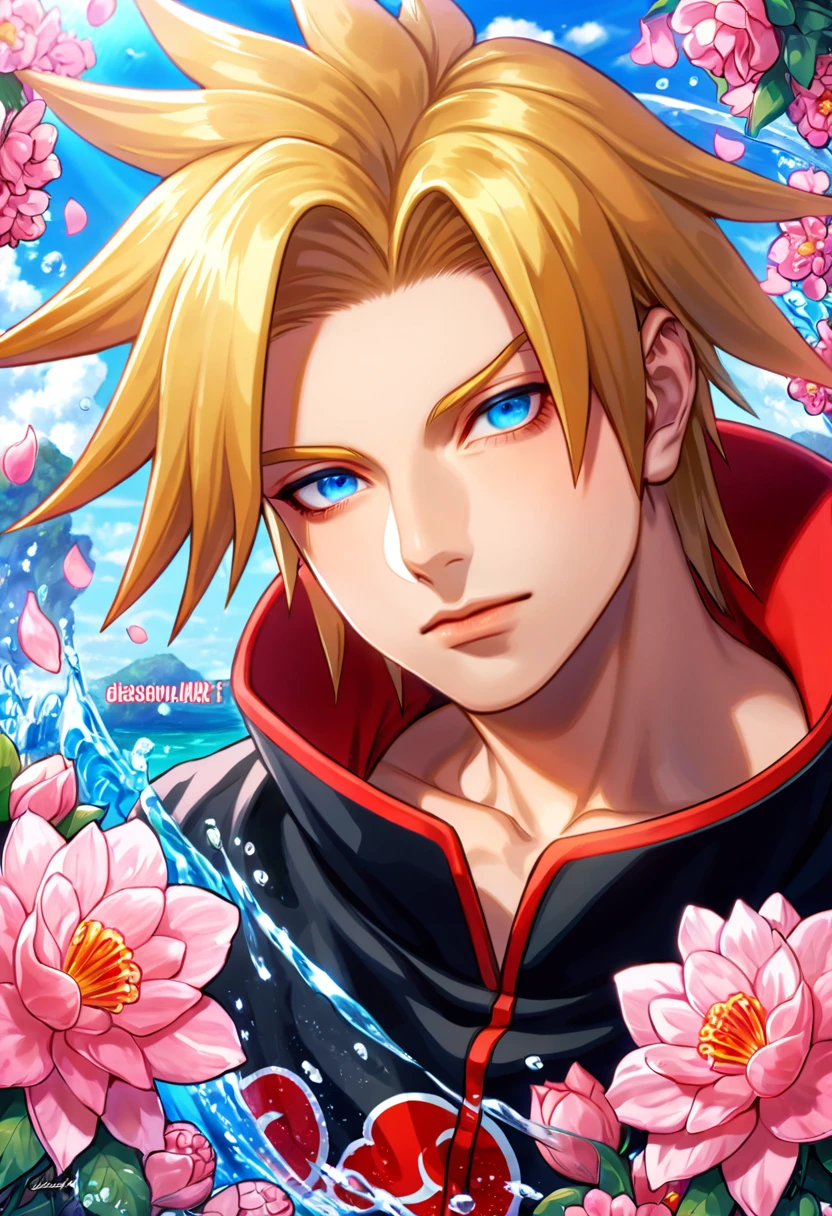 absurdres, highres, ultra detailed, HDR, master piece, best quality, Deidara, blonde hair, expressive blue eyes, Naruto Shippuden, solo, sexy man, handsome, akatsuki, black coat, water, pink flowers, pink blossoms, pink butterflies, pink petals