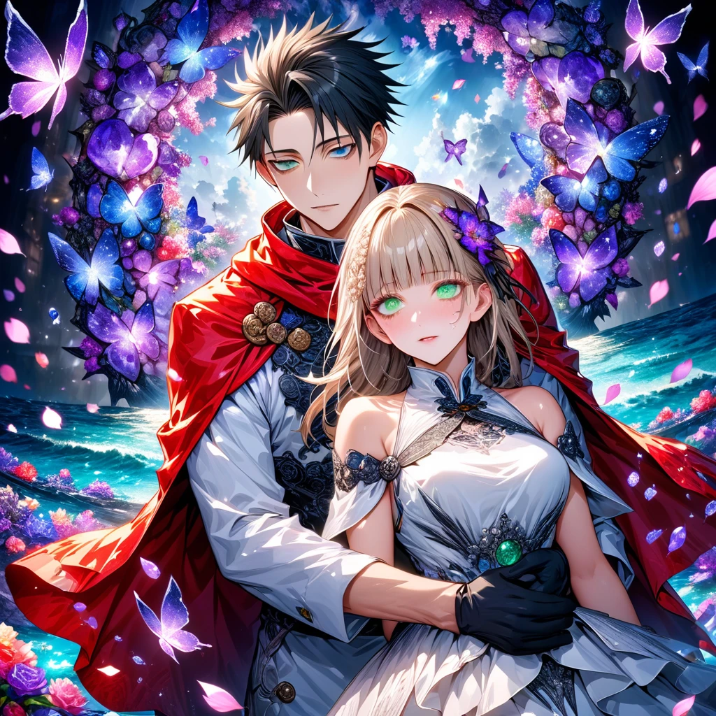 Ultra detailed, highres, absurdres, HDR, master piece, Okkotsu Yuuta, black hair, expressive dark blue eyes, Aida, ash blond hair with bangs, green eyes, white fantasy dress with black patterns, red cape, Jujutsu Kaisen, fantasy, petals, purple butterflies, purple flowers, water, black ribbon on her hair, black gloves, a handsome man together with a beautiful woman, sexy, couple, love, magic, best quality, extremely detailed face and eyes,