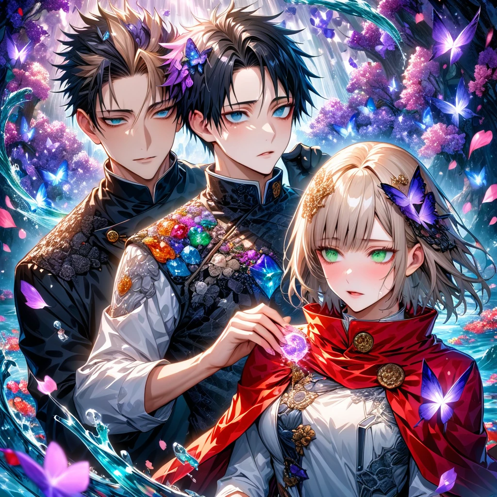 Ultra detailed, highres, absurdres, HDR, master piece, Okkotsu Yuuta, black hair, expressive dark blue eyes, Aida, ash blond hair with bangs, green eyes, white fantasy dress with black patterns, red cape, Jujutsu Kaisen, fantasy, petals, purple butterflies, purple flowers, water, black ribbon on her hair, black gloves, a handsome man together with a beautiful woman, sexy, couple, love, magic, best quality, extremely detailed face and eyes,