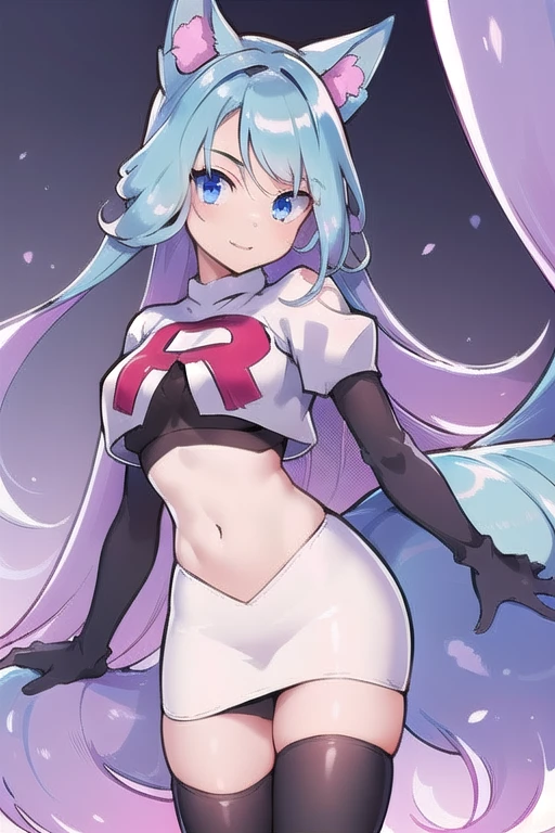 pixel-Silvervale 1girl, team rocket,team rocket uniform,white skirt,red letter R,crop top,black thigh-highs,black elbow gloves, masterpiece, best quality