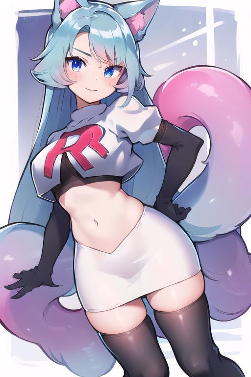 pixel-Silvervale 1girl, team rocket,team rocket uniform,white skirt,red letter R,crop top,black thigh-highs,black elbow gloves, masterpiece, best quality