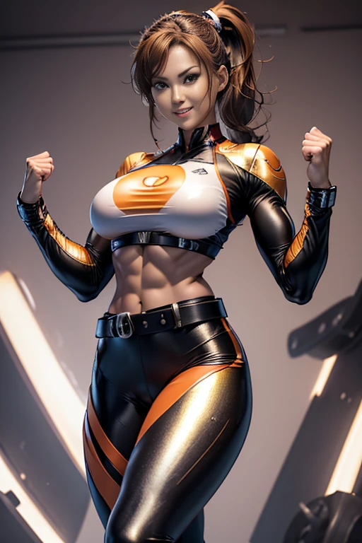 Arafe woman solo with ponytail hair、Fighting Game Fighter、Fitness Model、Big breasts about to burst、No exposed skin、Metallic orange fighting suit、thin and long legs,、Fitness Body Shape、half-pants、White belt、Pose ready to fight、Mischievous smile