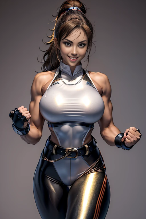 Arafe woman solo with ponytail hair、Fighting Game Fighter、Fitness Model、Big breasts about to burst、No exposed skin、Metallic orange fighting suit、thin and long legs,、Fitness Body Shape、half-pants、White belt、Pose ready to fight、Mischievous smile