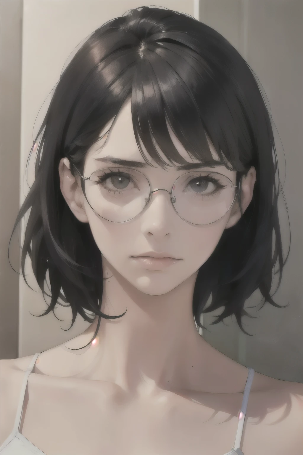 (18 year old woman), (black hair, short hair, bangs, hair down to her shoulders) ((round glasses on her face)) (white skin) angry, western face, dark circles, sad and tired and droopy face, pimples on her face , thin nose, ((best quality)), ((ultra resolution)), ((Photorealistic: 1.4)), (intricate details)
