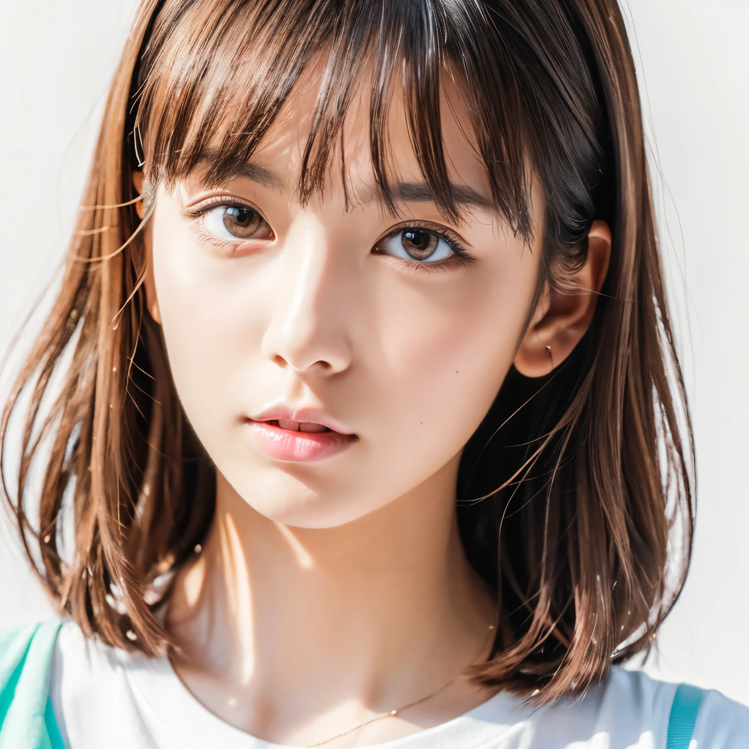 (masutepiece),(Best Quality:1.1),(Ultra-detailed),Best Illustration,finely detail,(Portrait:1.1),(intense close-ups),watercolor paiting)floating,1girl in,Solo,23 years old,slim,(extremely delicate and beautiful face),(Detailed beautiful eyes),pink thick lips,(disheveled hair),(Wearing a white baggy T-shirt),Soft and lazy,(Simple background:1.2)Whole color background,Clear,4K