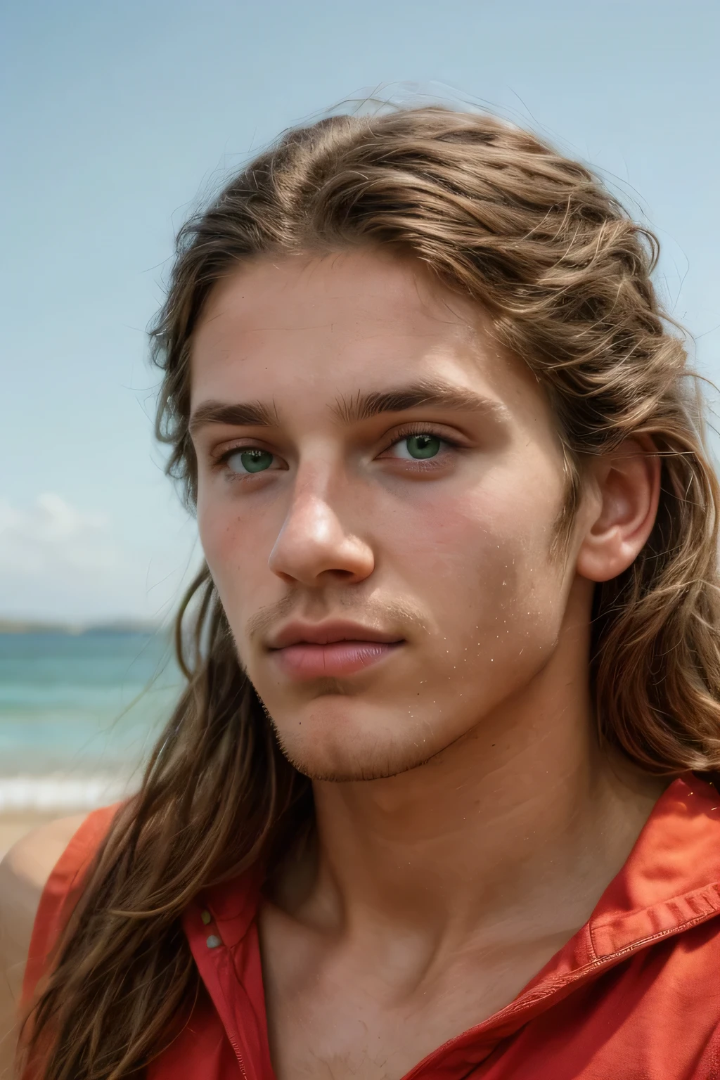 a male lifeguard, skinny, auburn long hair, mild acne, puberty facial hair, relaxed, sunscreen, beach, row boat, detailed face, green eyes, detailed lips, high quality, 8k, photorealistic, masterpiece, vibrant colors, natural lighting, beach scenery, coastal landscape