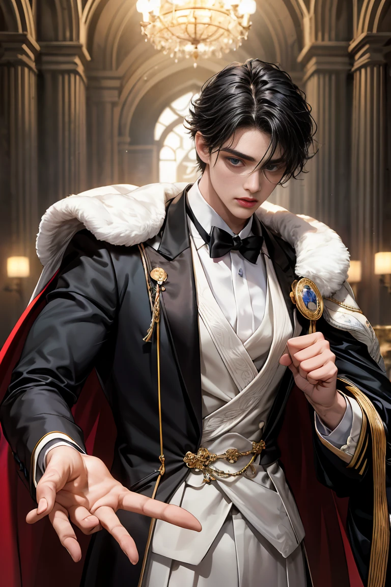masterpiece, 最high quality, high quality, 1 boy, alone, Male focus, Watching the audience, Messy black hair, Adorable big blue eyes, White, Noble, Noble,Sexy voluminous cape、Tuxedo、A very voluminous, large, very large, very large, long, long red and black cape with a high stand-up collar, reaching down to the floor, made of a lot of fabric., ,Cute beautiful boys,Cute, cute, kind, handsome guy