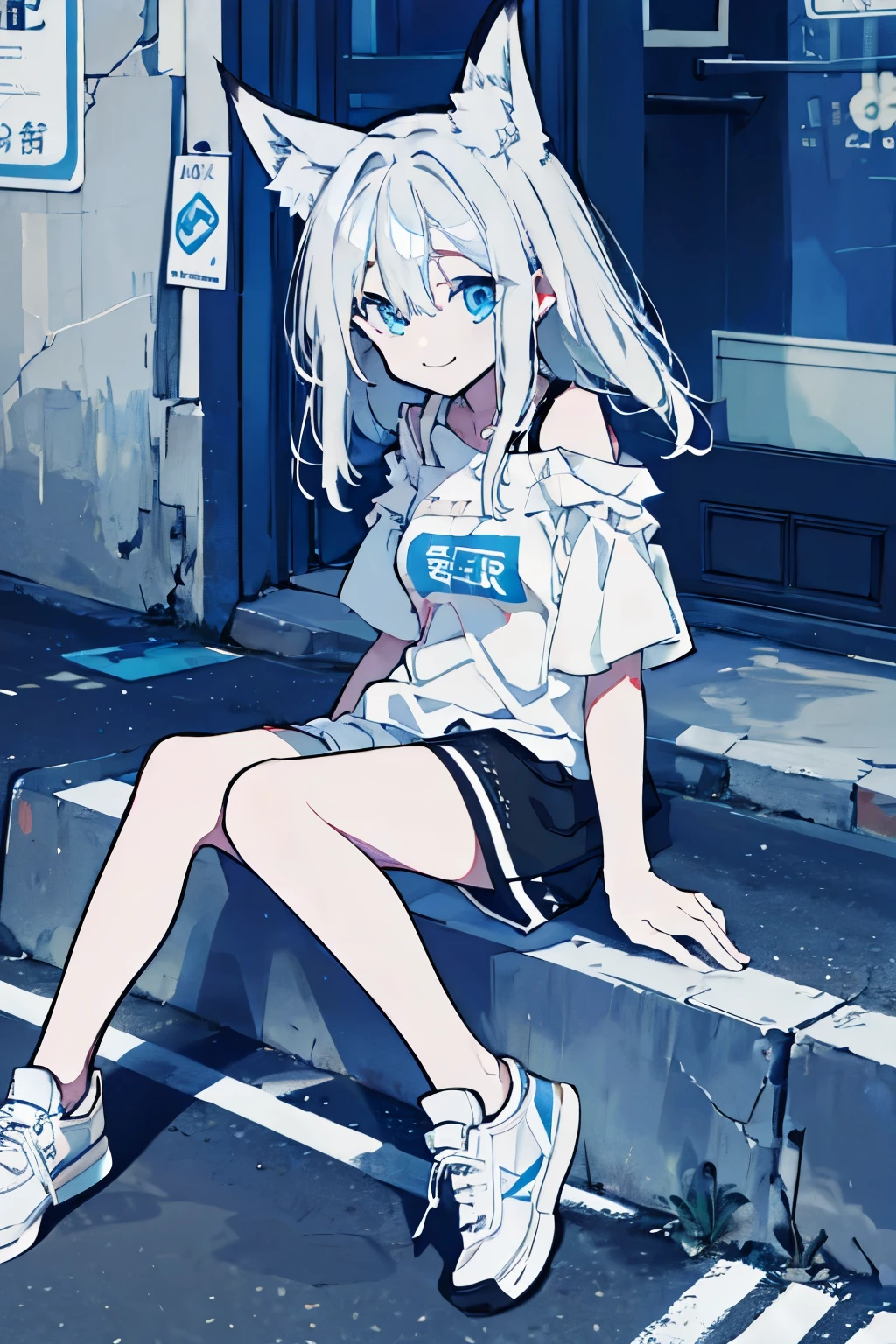 Girl, blue eyes, fox ears, long white hair, smiling, crooked teeth, sitting, short sleeves, white off-the-shoulder dress, black shorts, sneakers, urban, modern