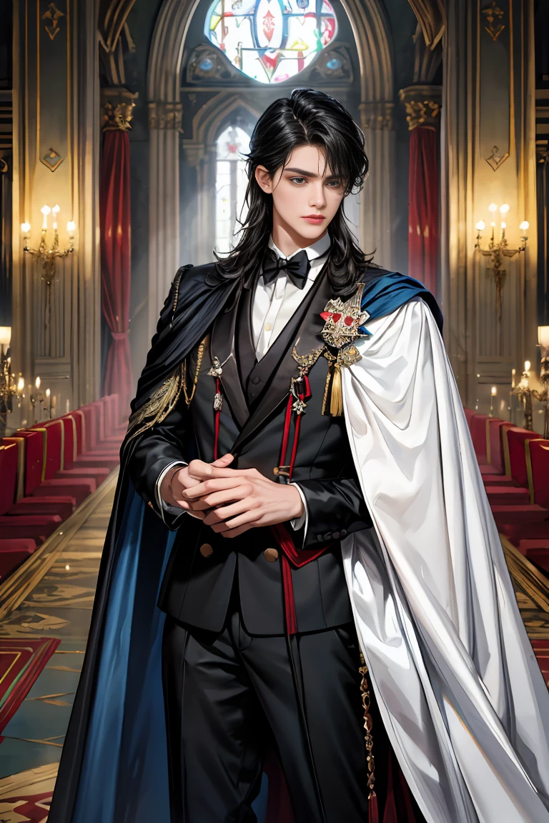 
masterpiece, 最high quality, high quality, 1 boy, alone, Male focus, Watching the audience,  Messy black hair, Adorable big blue eyes, White, Noble, Noble,Sexy voluminous cape、Tuxedo、A very voluminous, large, very large, very large, long, long red and black cape with a high stand-up collar, reaching down to the floor, made of a lot of fabric., 17 years old,Cute beautiful boys,Cute, cute, kind, handsome guy