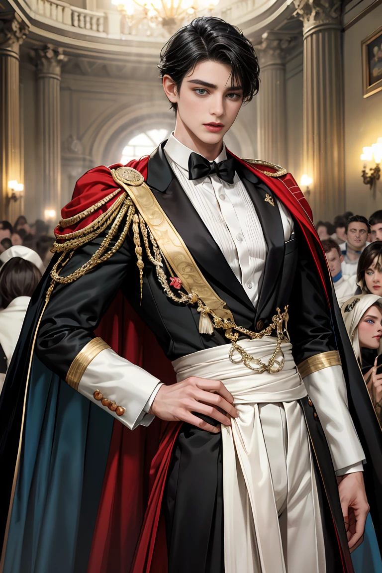 
masterpiece, 最high quality, high quality, 1 boy, alone, Male focus, Watching the audience,  Messy black hair, Adorable big blue eyes, White, Noble, Noble,Sexy voluminous cape、Tuxedo、A very voluminous, large, very large, very large, long, long red and black cape with a high stand-up collar, reaching down to the floor, made of a lot of fabric., ,Cute beautiful boys,Cute, cute, kind, handsome guy