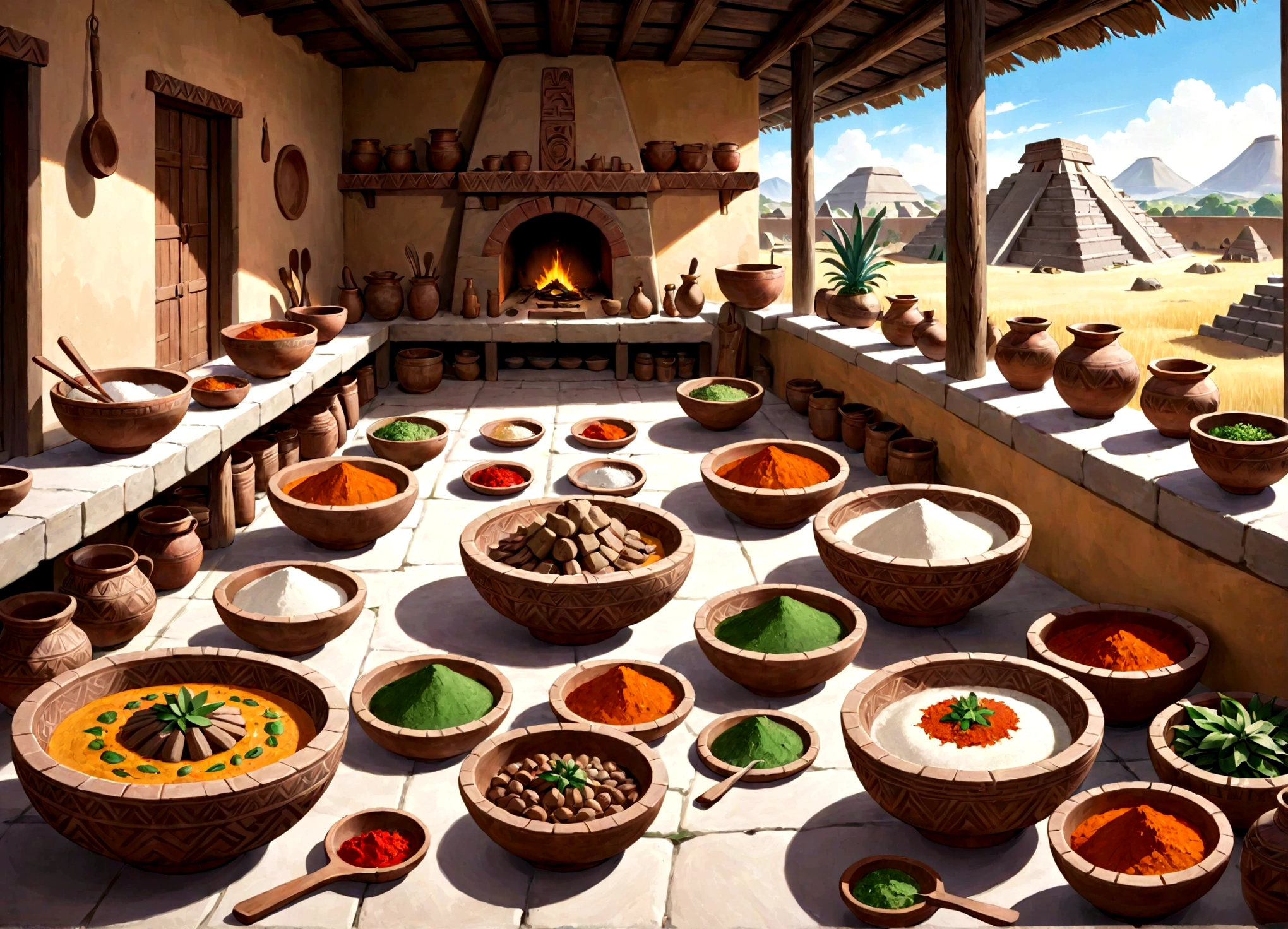 PREPARATION OF PREHISPANIC FOOD IN 1455, BY THE AZTEC PEOPLE WITH THEIR INGREDIENTS AND KITCHEN UTENSILS