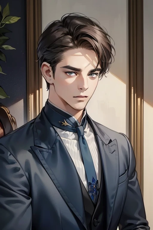 masterpiece, best quality, realistic, 1man, mature male, quiet and charming young man, 32 years old, look serious, closed mouth, portrait, extremely detailed face, soft smile, ((dark grey eyes)), ((short-left-swept dark brunette hair)), [thick eyebrows], dining room ((blue suit))