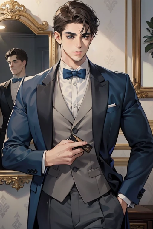 masterpiece, best quality, realistic, 1man, mature male, quiet and charming young man, 32 years old, look serious, closed mouth, portrait, extremely detailed face, soft smile, ((dark grey eyes)), ((short-left-swept dark brunette hair)), [thick eyebrows], dining room ((blue suit))